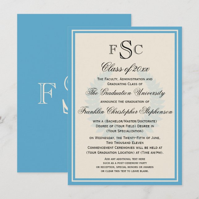 Light Blue Monogram Laurel College Graduation Invitation (Front/Back)