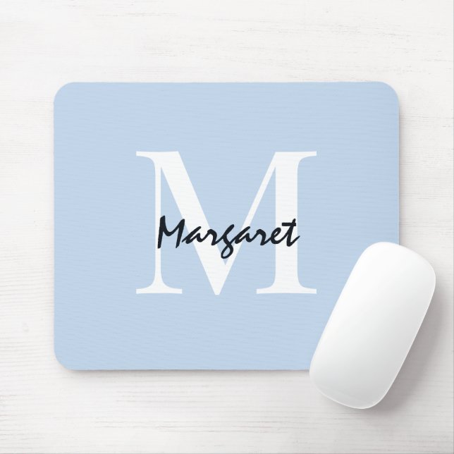 Light Blue Monogram Script Signature Elegant Mouse Pad (With Mouse)