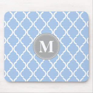 Light Blue Moroccan Lattice Grey Monogram Mouse Pad