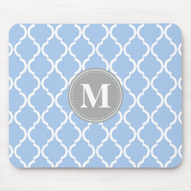 Light Blue Moroccan Lattice Grey Monogram Mouse Pad (Front)