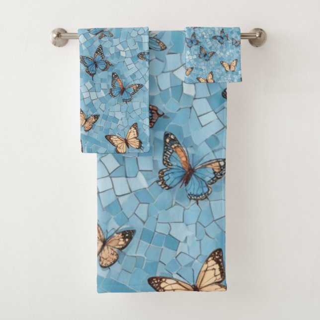 Light Blue Mosaic With Butterflies Bath Towel Set (Insitu)
