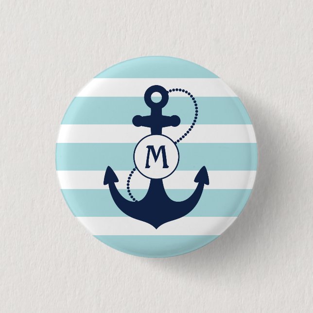 Light Blue Nautical Anchor Monogram 1 Inch Round Button (Front)