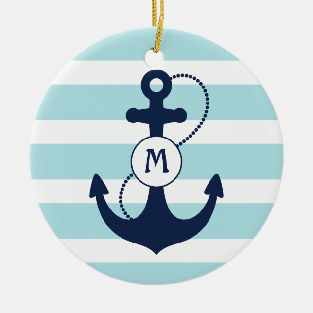 Light Blue Nautical Anchor Monogram Ceramic Ornament (Front)