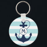 Light Blue Nautical Anchor Monogram Keychain<br><div class="desc">Light aqua nautical stripes with navy blue anchor and monogram.</div>