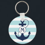Light Blue Nautical Anchor Monogram Keychain<br><div class="desc">Light aqua nautical stripes with navy blue anchor and monogram.</div>