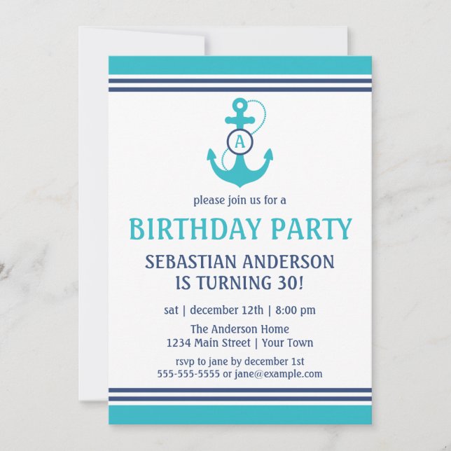 Light Blue Nautical Birthday Party Invites (Front)