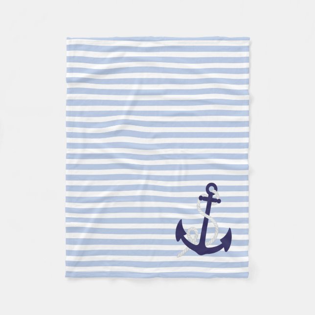 Light Blue Nautical Stripes with Navy Blue Anchor Fleece Blanket (Front)