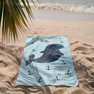 Light Blue Navy Anchors Cute Kawaii Whale Nautical Beach Towel