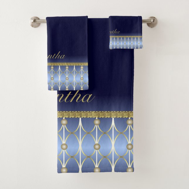 Light Blue, Navy Blue And Gold Patterned Bath Towel Set (Insitu)