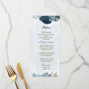 light blue navy blue flowers botanical wedding menu