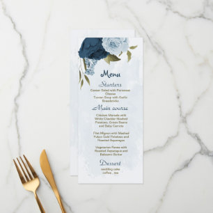 light blue navy blue flowers botanical wedding menu
