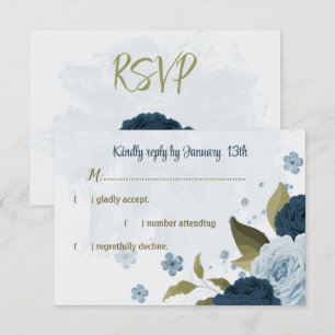 light blue navy blue flowers botanical wedding RSVP card