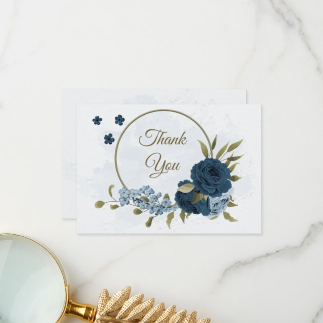 light blue navy blue flowers botanical wedding thank you card (Front/Back In Situ)