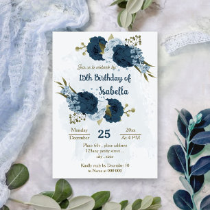 light blue navy flowers botanical birthday invitation