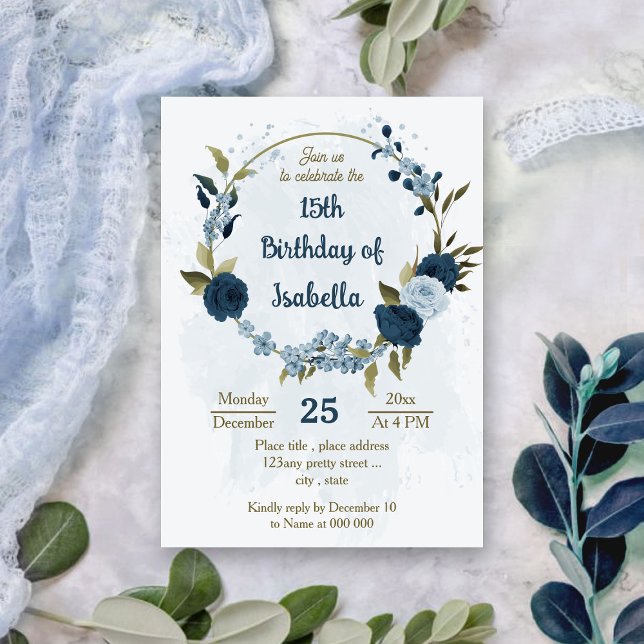 light blue navy flowers botanical birthday invitation (Creator Uploaded)
