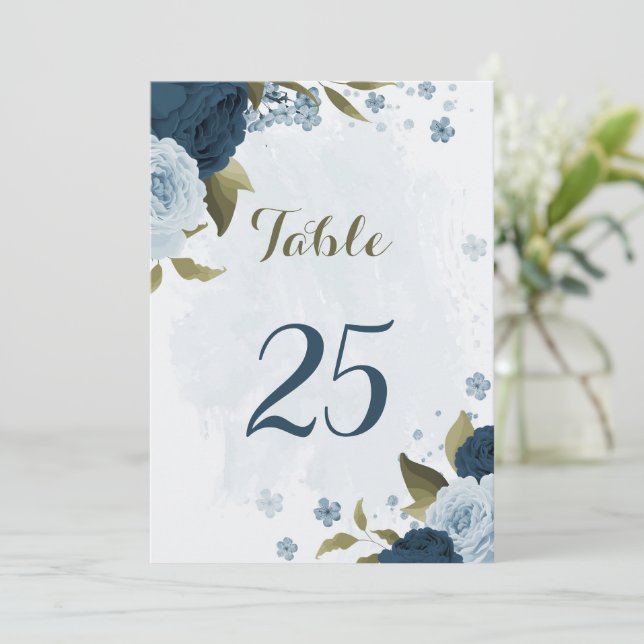 light blue navy flowers table number card (Standing Front)
