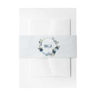 light blue navy flowers wedding  invitation belly band