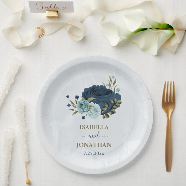 light blue navy flowers wedding paper plate (Wedding)