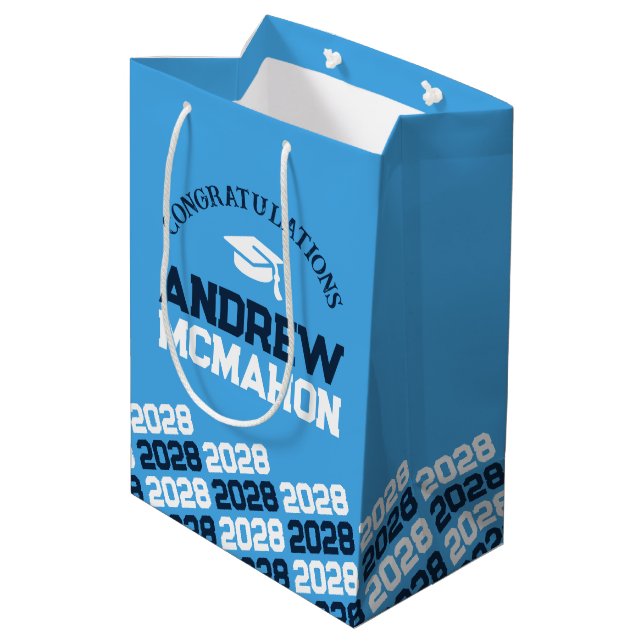 Light Blue & Navy Graduation Class Year Medium Gift Bag (Back Angled)