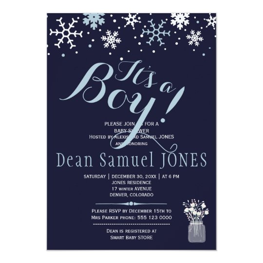 Light blue navy white snowflakes boy baby shower card