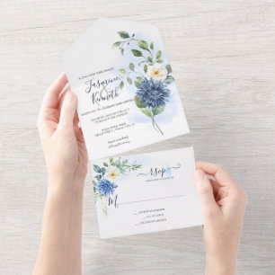 Light Blue, Navy, Winter White Watercolor Floral A All In One Invitation