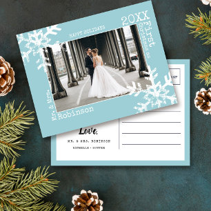 Light Blue Newlywed 1st Christmas Photo Snowflake Holiday Postcard