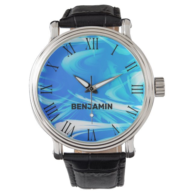 Light Blue Ocean Waves Cool Marbled Custom Name Watch (Front)