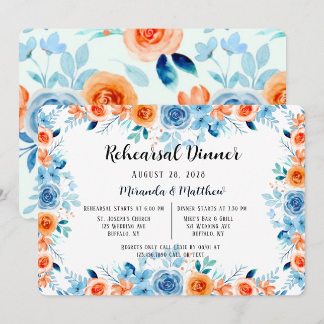 Light Blue Orange Paint Peony Rehearsal Dinner Invitation (Front/Back)