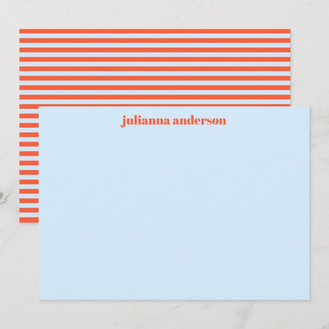Light Blue Orange Stripe Personalized Stationery Card (Front/Back)