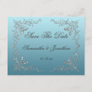 Light Blue Ornate Silver Swirls Save The Date Announcement Postcard