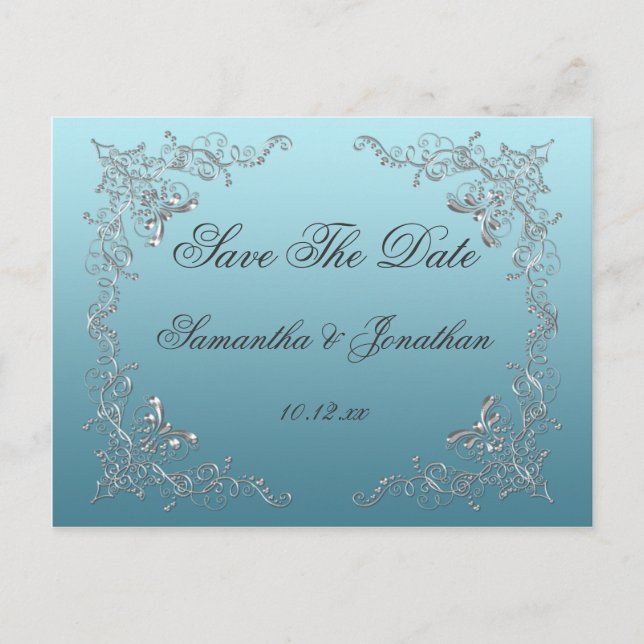 Light Blue Ornate Silver Swirls Save The Date Announcement Postcard (Front)