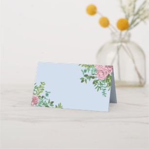 Light Blue & Pale Pink Peony Rose Floral Wedding Place Card