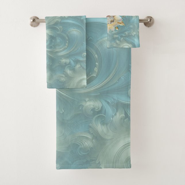 Light Blue-Palette on a Bronze Gold Barogue design Bath Towel Set (Insitu)