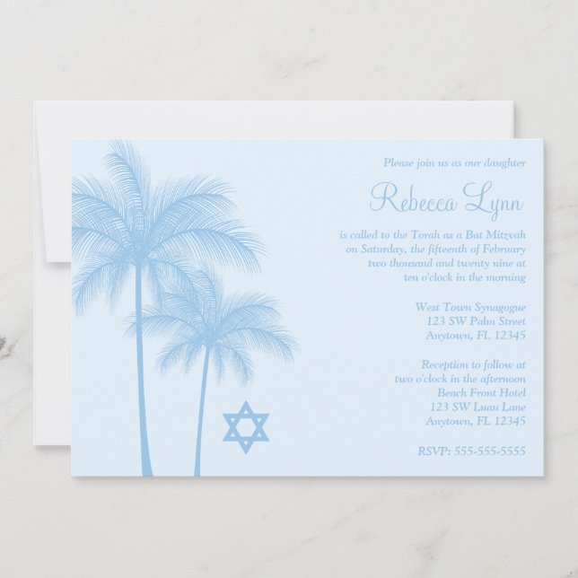 Light Blue Palm Tree Tropical Bat Mitzvah Invitation (Front)