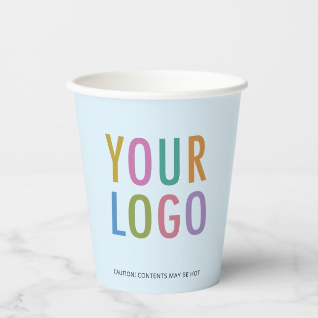 Light Blue Paper Cups Custom Business Logo 8 oz (Front)