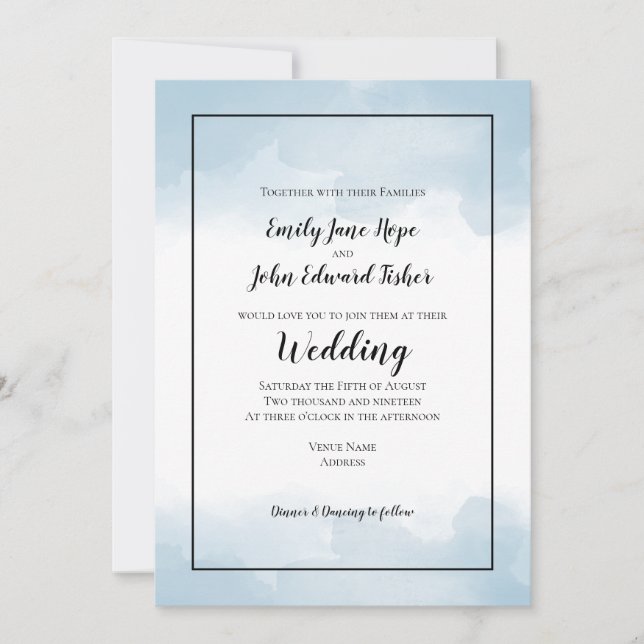 Light Blue Pastel Watercolors Line Border Wedding Invitation (Front)