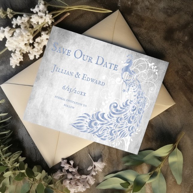 Light Blue Peacock Leaf Vine Save The Date Announcement (Light Blue Peacock Leaf Vine Save the Date)