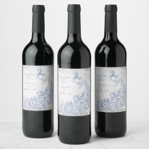 Light Blue Peacock Leaf Vine Wedding Wine Label