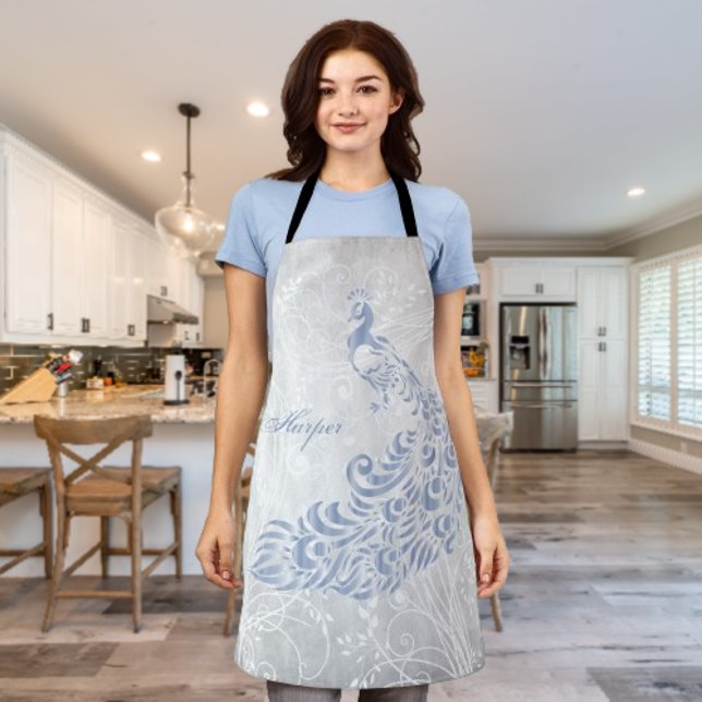 Light Blue Peacock Personalize Print Apron (Light Blue Peacock Personalized Apron)
