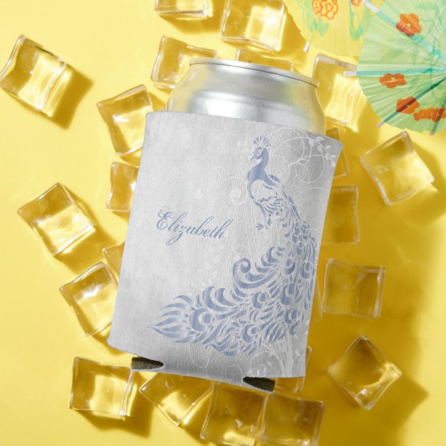 Light Blue Peacock Personalized Can Cooler (In Situ Summer)