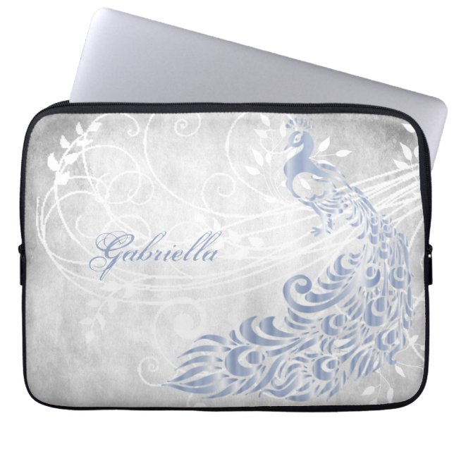 Light Blue Peacock Personalized Laptop Sleeve (Front)