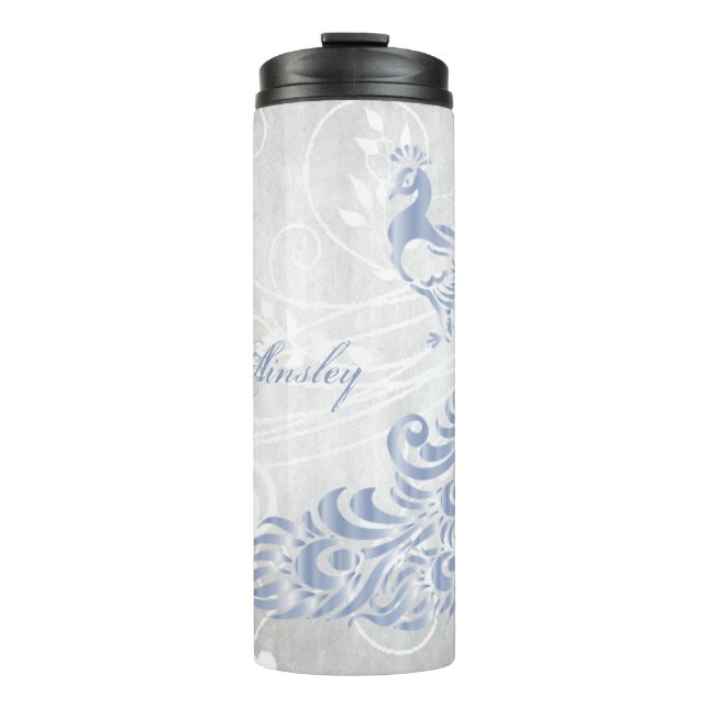 Light Blue Peacock Personalized Thermal Tumbler (Front)