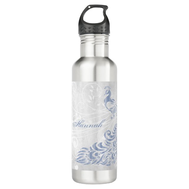 Light Blue Peacock Personalized Water Bottle (Front)