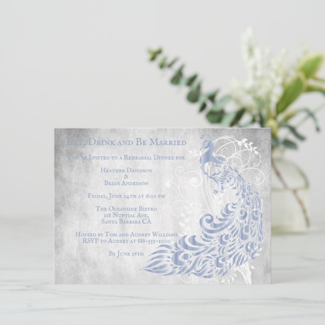 Light Blue Peacock Rehearsal Dinner Invite (Standing Front)