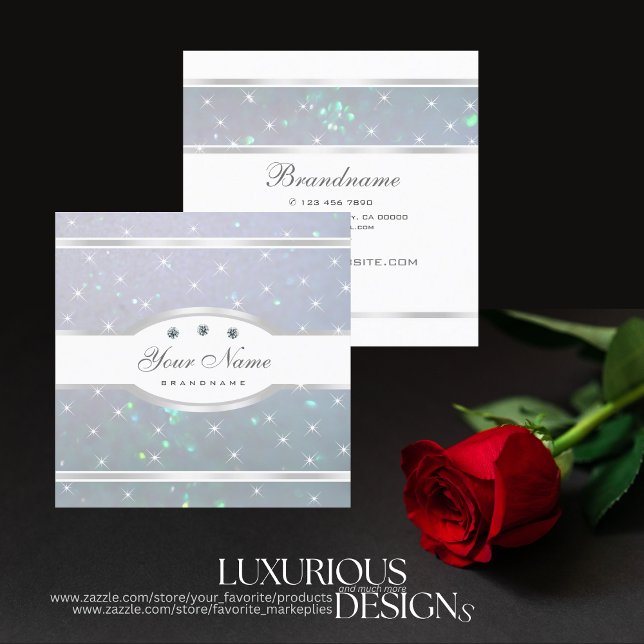 Light Blue Pearl Glitter Luminous Sparkling Stars Square Business Card (Creator Uploaded)