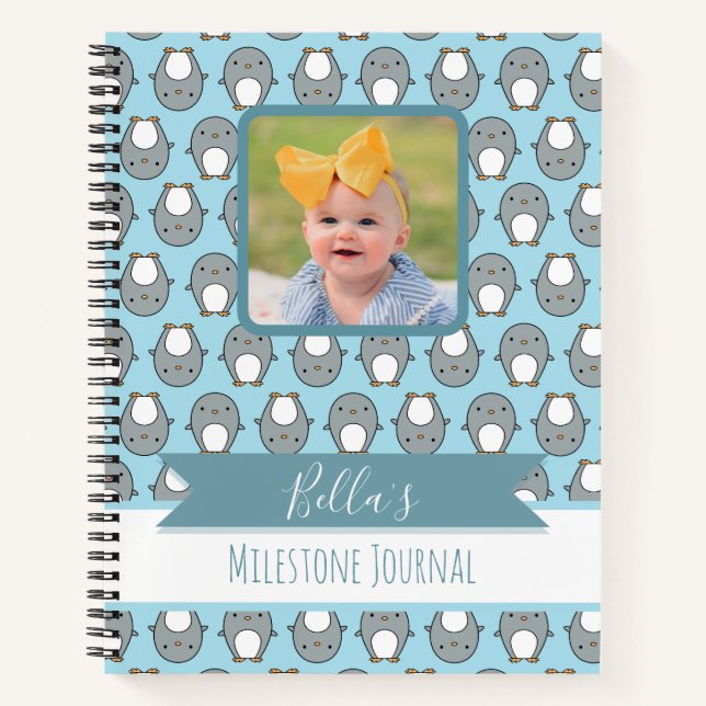 Light Blue Penguin Nursery Photo Milestone Notebook (Front)