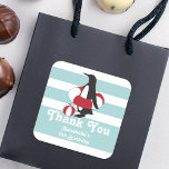 Light Blue Penguin Thank You Kids Birthday Party Square Sticker<br><div class="desc">A penguin is standing with a red and white inner tube and beach ball with a light blue background. This pretty animal cartoon with personalized text makes cute and unique stickers for kids birthday party favours and more!</div>