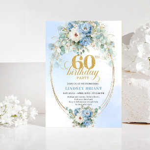 Light blue peony eucalyptus gold chic 60 birthday invitation