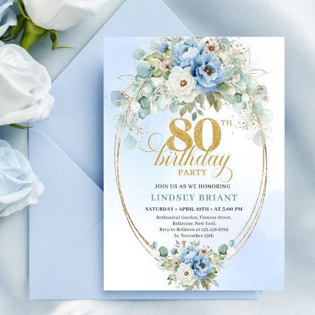 Light Blue Peony Flowers Gold Frame 80th Birthday Invitation (Light Blue Peony Flowers Gold Frame 80th Birthday)