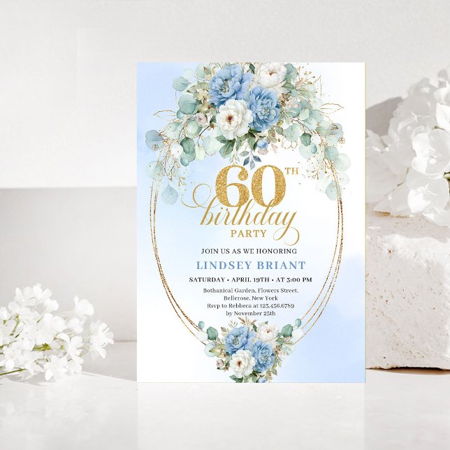 Light Blue Peony Greenery 60th Birthday Invitation (Light Blue Peony Greenery 60th Birthday Invitation)